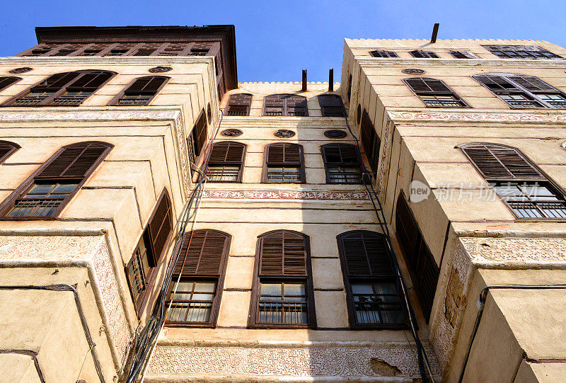 Nassif House, Bahrhat Ashur街西立面- Al Balad区- hedjazi建筑-历史吉达，沙特阿拉伯-联合国教科文组织世界遗产